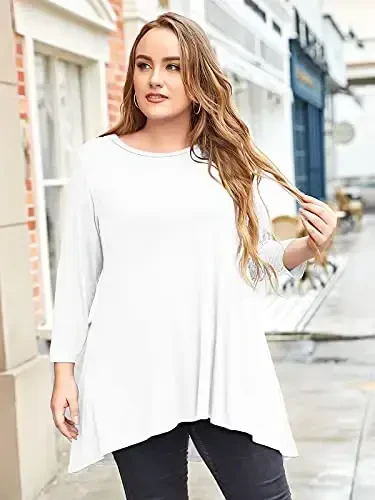 LARACE Womens Plus Size 3/4 Sleeve Loose Fit Flare Swing Tunic Tops Floral High Low Basic T Shirt - 9
