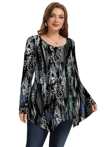 LARACE Womens Plus Size Long Sleeve Comfy Tunic Loose Fit Flowy Tops | plus size womens tunics for leggings, covers belly & hips, lightweight, stretchy, great for work, casual - LARACE (1)