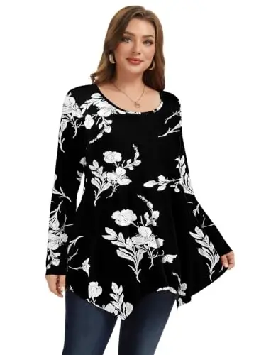 LARACE Womens Plus Size Long Sleeve Comfy Tunic Loose Fit Flowy Tops | plus size womens tunics for leggings, covers belly & hips, lightweight, stretchy, great for work, casual - LARACE (1)
