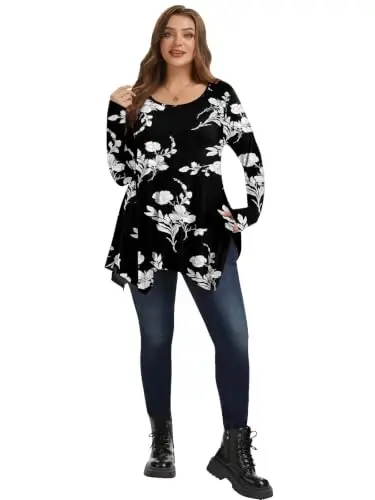 LARACE Womens Plus Size Long Sleeve Comfy Tunic Loose Fit Flowy Tops | plus size womens tunics for leggings, covers belly & hips, lightweight, stretchy, great for work, casual - 5