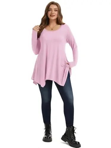 LARACE Womens Plus Size Long Sleeve Comfy Tunic Loose Fit Flowy Tops | plus size womens tunics for leggings, covers belly & hips, lightweight, stretchy, great for work, casual - 5