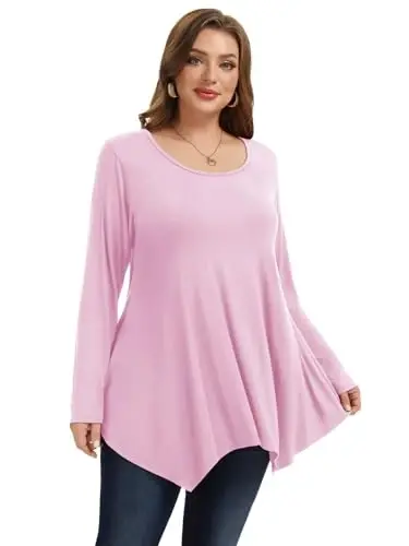 LARACE Womens Plus Size Long Sleeve Comfy Tunic Loose Fit Flowy Tops | plus size womens tunics for leggings, covers belly & hips, lightweight, stretchy, great for work, casual - LARACE (1)