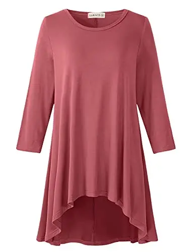 LARACE Womens Plus Size 3/4 Sleeve Loose Fit Flare Swing Tunic Tops Floral High Low Basic T Shirt - 1