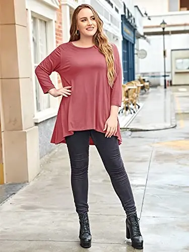 LARACE Womens Plus Size 3/4 Sleeve Loose Fit Flare Swing Tunic Tops Floral High Low Basic T Shirt - 3