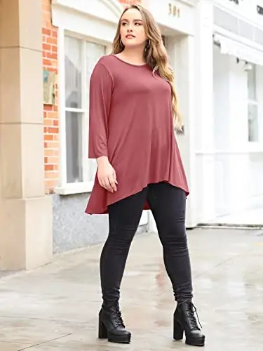 LARACE Womens Plus Size 3/4 Sleeve Loose Fit Flare Swing Tunic Tops Floral High Low Basic T Shirt - 5