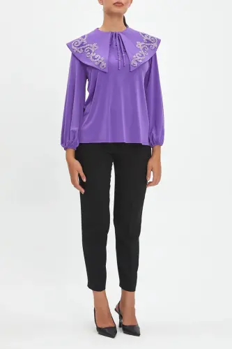 Large Baby Collared Stone Embroidered Buttoned Neck Lace Up Purple Blouse 40153 - 1