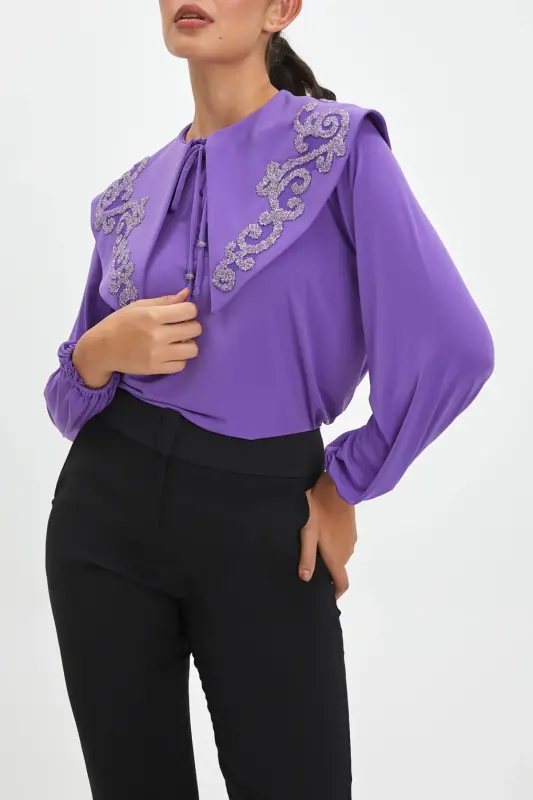 Large Baby Collared Stone Embroidered Buttoned Neck Lace Up Purple Blouse 40153 - 4