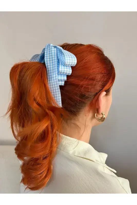 Large bow banana clip-baby Blue plaid - 1