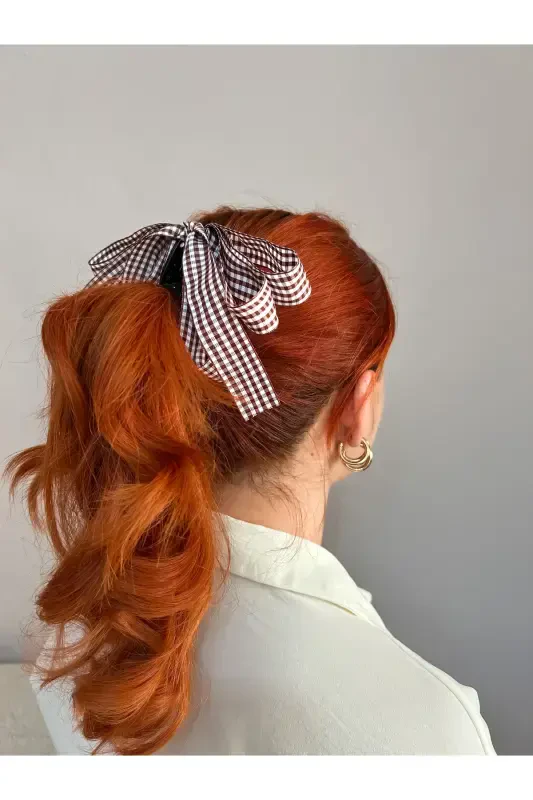Large bow banana clip - Brown plaid - CSR AKSESUAR