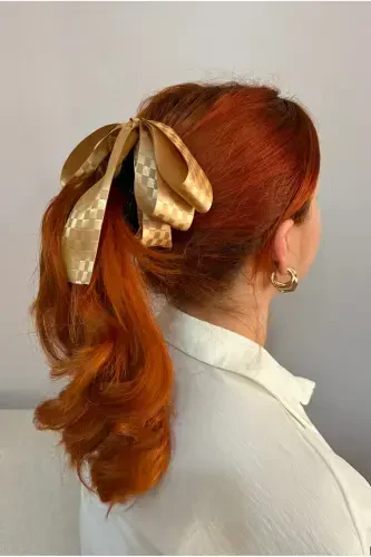 Large bow banana clip-Metallic caramel checkered - 1