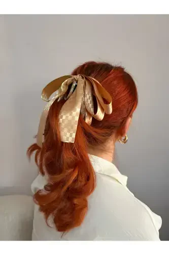 Large bow banana clip-Metallic caramel checkered - CSR AKSESUAR (1)