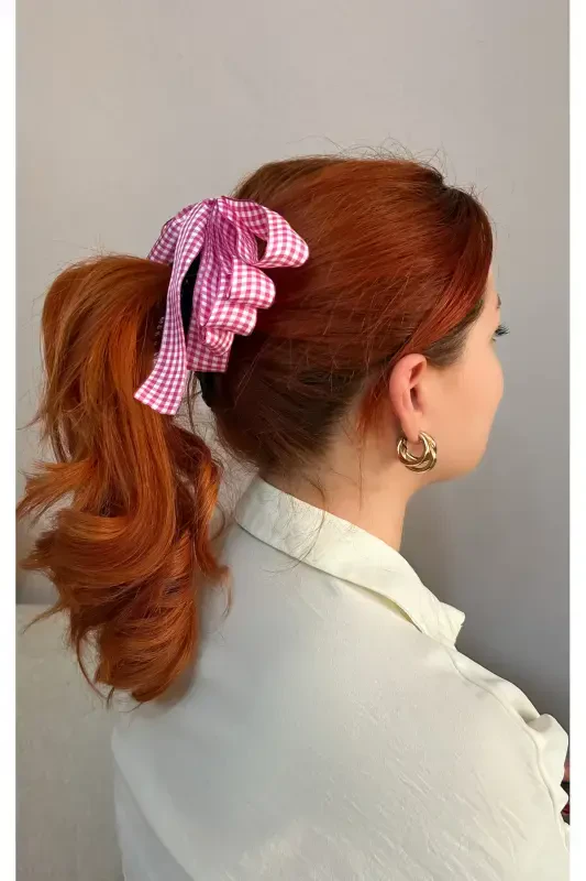 Large bow banana clip-Pink plaid - 1