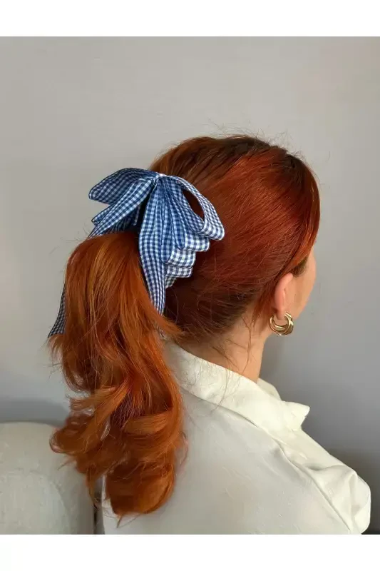 Large bow banana clip-Sax Blue plaid - CSR AKSESUAR