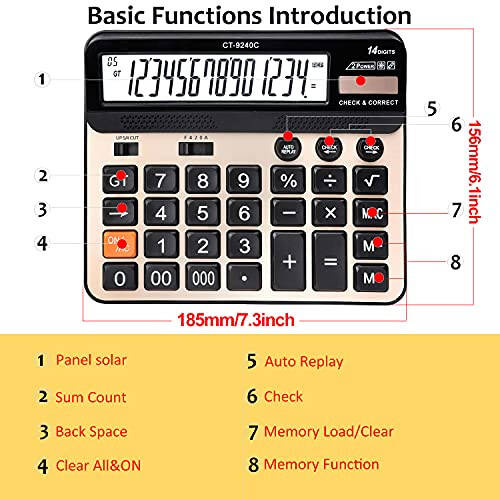 Large Button Calculator, Philley Large LCD Display 14 Digits Desktop Check&Correct Electronic Calculator (CT-9240C) - 6