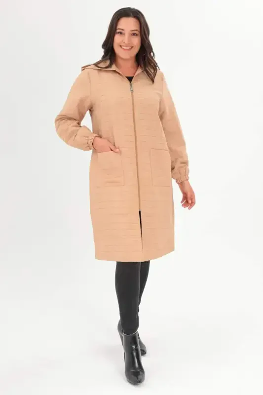 Large Checkered Pattern Zippered Beige Cap - BÜYÜKBEDENIZ