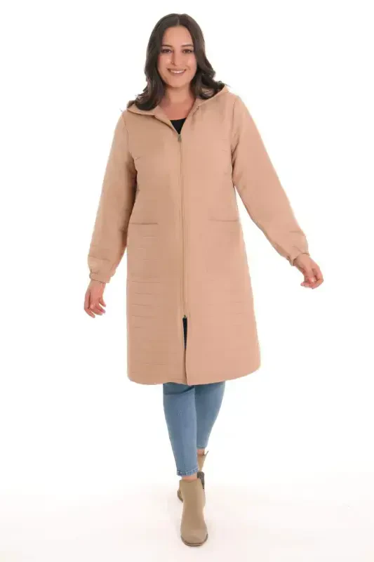 Large Checkered Pattern Zippered Beige Coat - BÜYÜKBEDENIZ