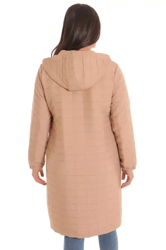 Large Checkered Pattern Zippered Beige Coat - 5