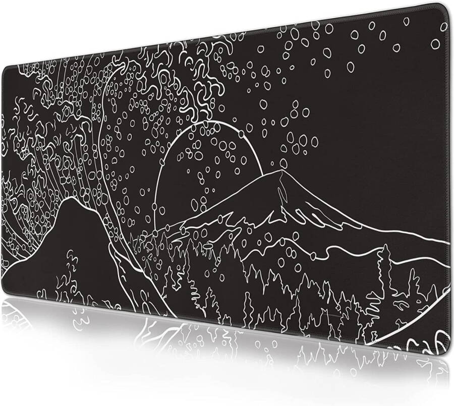 Large gaming mouse pad, non-slip rubber base, stitched edges, black and white, 47.3x23.6 in. - 1