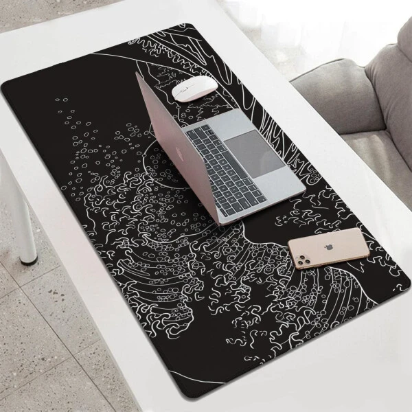 Large gaming mouse pad, non-slip rubber base, stitched edges, black and white, 47.3x23.6 in. - HEQIANCO (1)