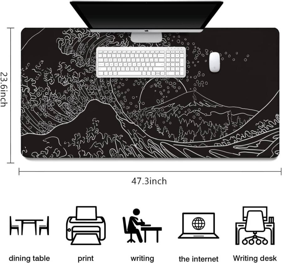 Large gaming mouse pad, non-slip rubber base, stitched edges, black and white, 47.3x23.6 in. - 5