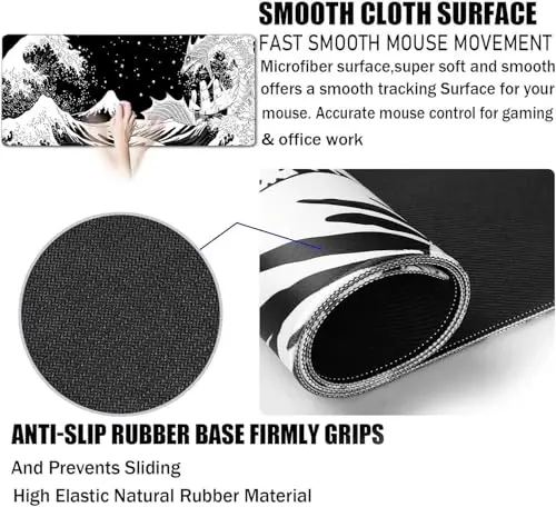 Large Gaming Mouse Pad, Waterproof Extra Large Big Mouse Pad with Stitched Edge, XXXL Non-Slip Black Computer Long Mousepad for Gamer, Office & Home, Black White Dragon - 3