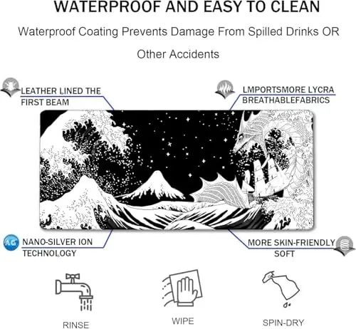 Large Gaming Mouse Pad, Waterproof Extra Large Big Mouse Pad with Stitched Edge, XXXL Non-Slip Black Computer Long Mousepad for Gamer, Office & Home, Black White Dragon - 4