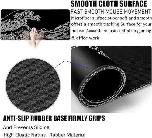Large Gaming Mouse Pad, Waterproof Extra Large Big Mouse Pad with Stitched Edge, XXXL Non-Slip Black Computer Long Mousepad for Gamer, Office & Home, Wave Lines - 3