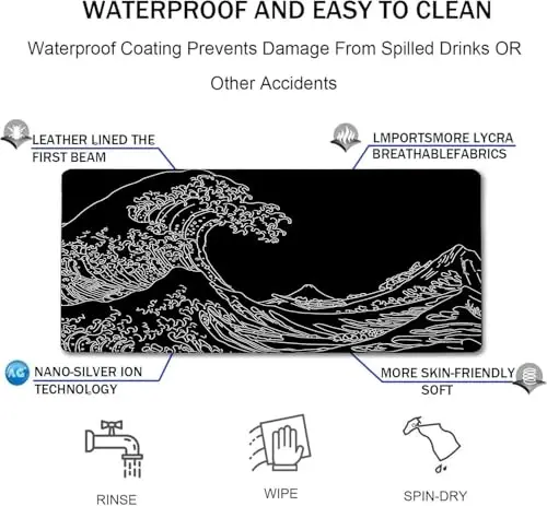 Large Gaming Mouse Pad, Waterproof Extra Large Big Mouse Pad with Stitched Edge, XXXL Non-Slip Black Computer Long Mousepad for Gamer, Office & Home, Wave Lines - 4