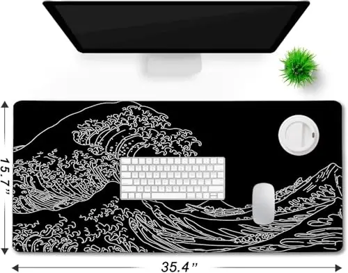 Large Gaming Mouse Pad, Waterproof Extra Large Big Mouse Pad with Stitched Edge, XXXL Non-Slip Black Computer Long Mousepad for Gamer, Office & Home, Wave Lines - 6