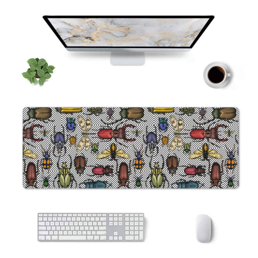 Large gaming mouse pad with bright insects pattern. Non-slip rubber base, stitched edges, thin pad (11.8x31.5 inch). - 12