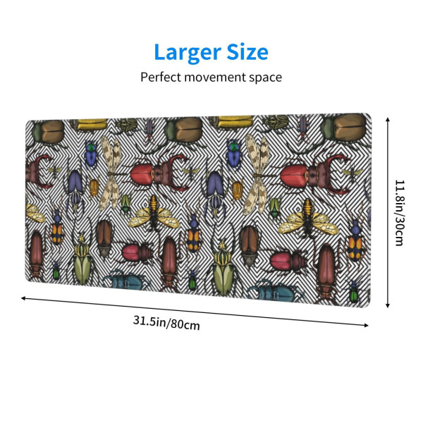 Large gaming mouse pad with bright insects pattern. Non-slip rubber base, stitched edges, thin pad (11.8x31.5 inch). - 13