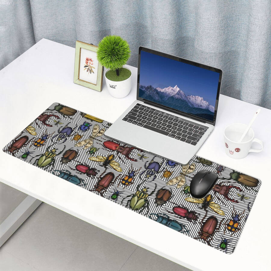 Large gaming mouse pad with bright insects pattern. Non-slip rubber base, stitched edges, thin pad (11.8x31.5 inch). - 9