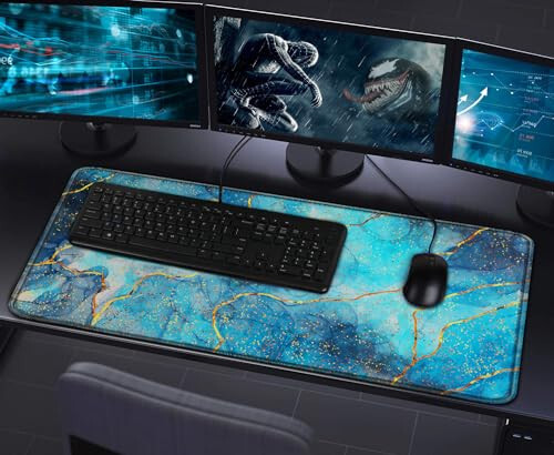 Large Gaming Mouse Pad with Stitched Edges, (31.5X15.7In) Durable Non-Slip Natural Rubber Base, Waterproof Computer Keyboard Pad Mat for Esports Pros/Gamer/Desktop/Office/Home- Marble Blue - 7