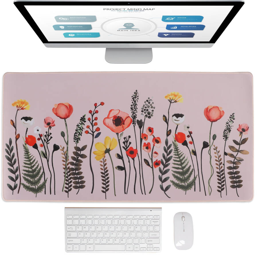 Large Mouse Pad, Gray Flower Pattern Desk Pad with Stitched Edge, Non-Slip Laptop Computer Keyboard Mouse Mat for Office & Home, 31.1x15.75 - 8