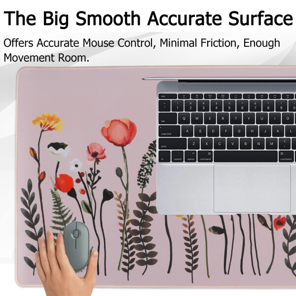 Large Mouse Pad, Gray Flower Pattern Desk Pad with Stitched Edge, Non-Slip Laptop Computer Keyboard Mouse Mat for Office & Home, 31.1x15.75 - 11