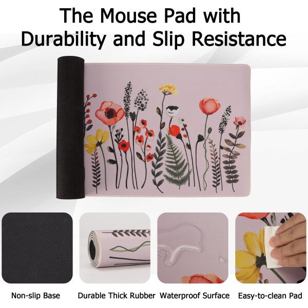 Large Mouse Pad, Gray Flower Pattern Desk Pad with Stitched Edge, Non-Slip Laptop Computer Keyboard Mouse Mat for Office & Home, 31.1x15.75 - 14