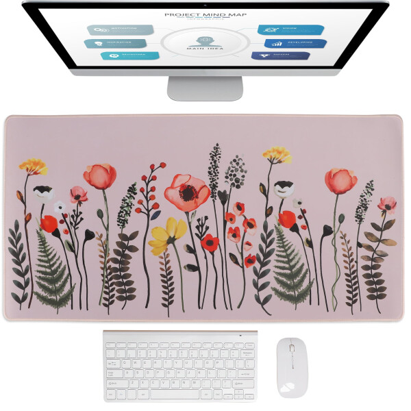 Large Mouse Pad, Gray Flower Pattern Desk Pad with Stitched Edge, Non-Slip Laptop Computer Keyboard Mouse Mat for Office & Home, 31.1x15.75 - 1