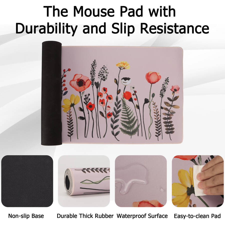 Large Mouse Pad, Gray Flower Pattern Desk Pad with Stitched Edge, Non-Slip Laptop Computer Keyboard Mouse Mat for Office & Home, 31.1x15.75 - 7