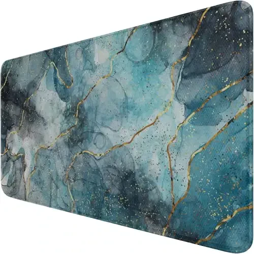 Large Mouse Pad with Stitched Edges, (35.4X15.7In) Durable Non-Slip Natural Rubber Base, Waterproof Computer Keyboard Pad Mat for Esports Pros/Gamer/Desktop/Office/Home, MarbleBlue 