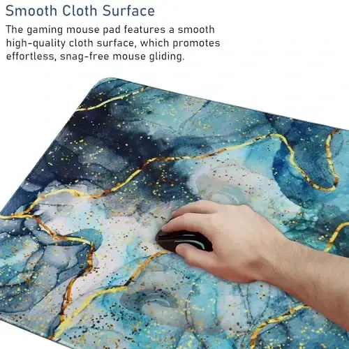 Large Mouse Pad with Stitched Edges, (35.4X15.7In) Durable Non-Slip Natural Rubber Base, Waterproof Computer Keyboard Pad Mat for Esports Pros/Gamer/Desktop/Office/Home, MarbleBlue - 5