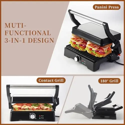 Large Panini Press Grill Sandwich Maker 3 in 1, Open 180 Degrees for Grill | Electric Panini Sandwich Maker Grill, Perfect for Grilling Steaks, Burger, Sandwich,Non-stick Pan, 1200W - 5