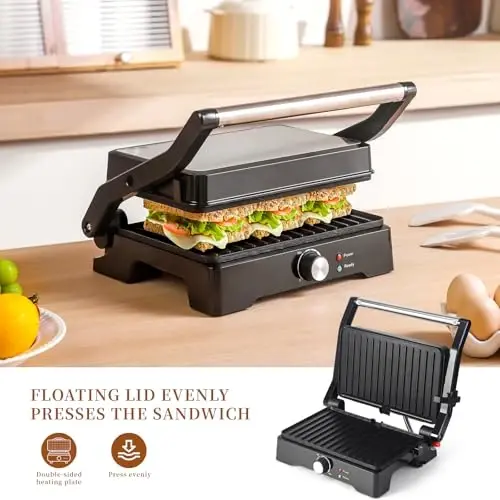 Large Panini Press Grill Sandwich Maker 3 in 1, Open 180 Degrees for Grill | Electric Panini Sandwich Maker Grill, Perfect for Grilling Steaks, Burger, Sandwich,Non-stick Pan, 1200W - 6