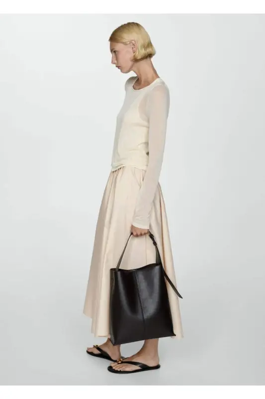 Large Pleated Midi Skirt-Beige - 2