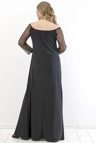 Large Plus Size Sleeves Chiffon Off Shoulder Evening Dress PNR6189 Black - BÜYÜKBEDENIZ (1)