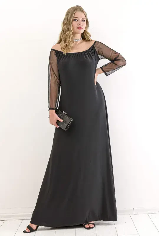 Large Plus Size Sleeves Chiffon Off Shoulder Evening Dress PNR6189 Black - 4
