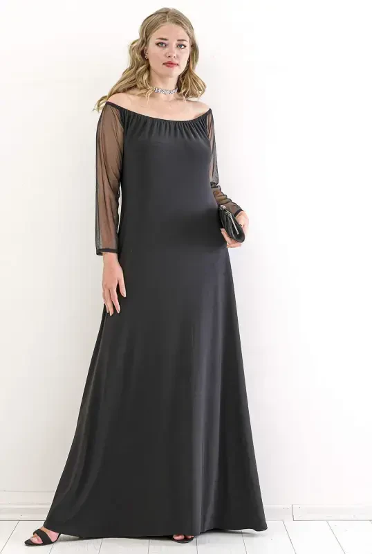 Large Plus Size Sleeves Chiffon Off Shoulder Evening Dress PNR6189 Black - 5