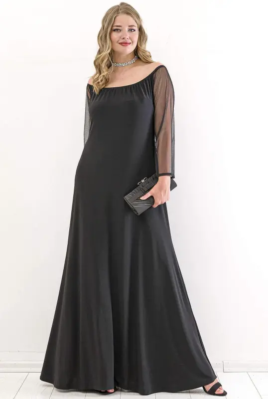 Large Plus Size Sleeves Chiffon Off Shoulder Evening Dress PNR6189 Black - 1
