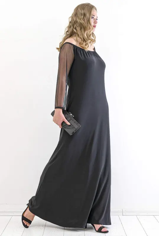 Large Plus Size Sleeves Chiffon Off Shoulder Evening Dress PNR6189 Black - 5