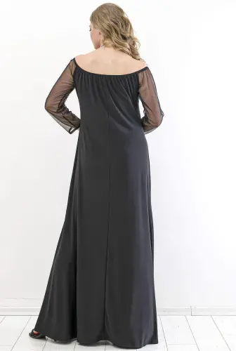 Large Plus Size Sleeves Chiffon Off Shoulder Evening Dress PNR6189 Black - 6