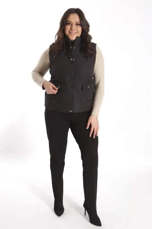 Large Snap Button Quilted Black Vest - 5